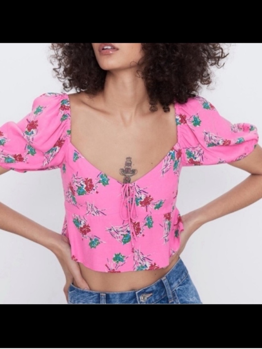 Zara Pink Floral Puff Sleeve Crop Top Tie Front Cottagecore Size S